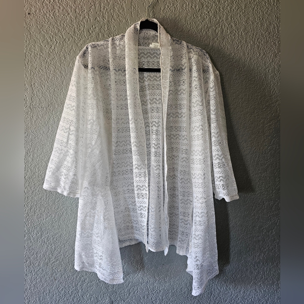 Collections Etc White Lace Openwork Kimono with Sheer Crochet Detail